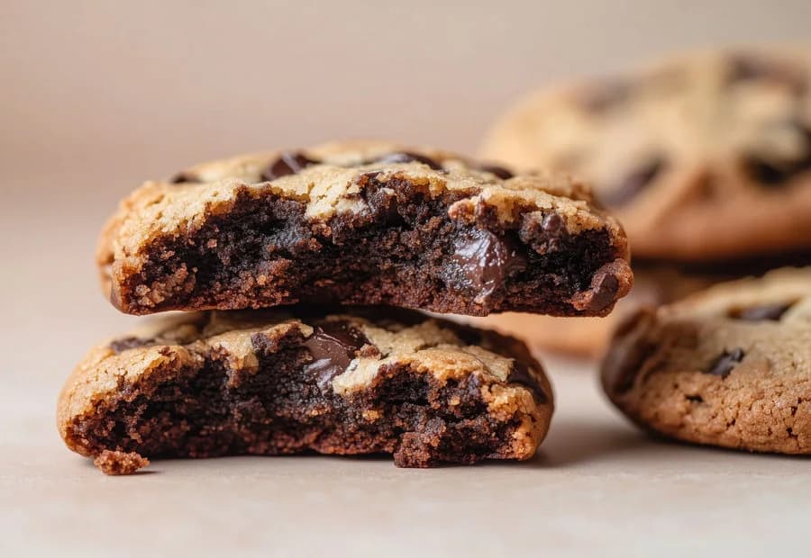 A chocolate stuffed cookie broken open