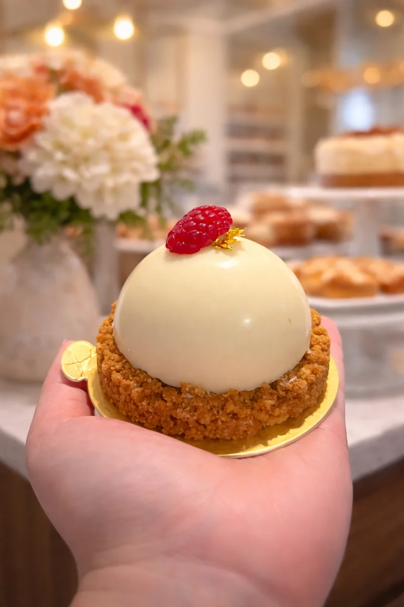 A mini cheesecake topped with a raspberry